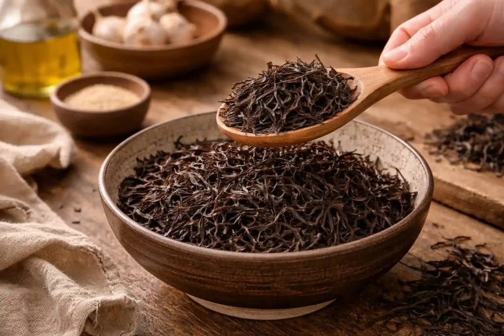 Cuenco lleno de alga arame deshidratada