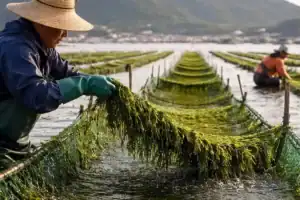 Personas asiáticas recogen algas comestibles en un gran cultivo ecológico de algas en un sistema de cuerdas.