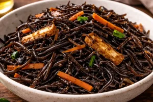 Cuenco de ensalada de hijiki con zanahorias.