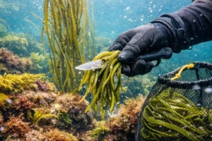 Buceador recogiendo alga espagueti de mar en el fondo marino.