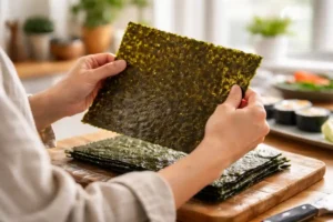 Una persona sosteniendo una hoja de alga nori para hacer sushi.