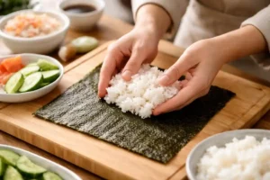 Preparando arroz sobre una hoja de nori para hacer sushi.