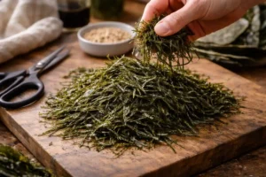 Un puñado de alga nori cortada en tiras.